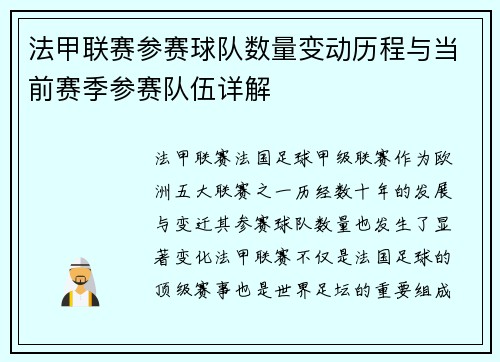 法甲联赛参赛球队数量变动历程与当前赛季参赛队伍详解